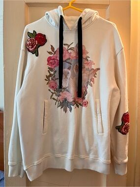 Unlogical Poem Retro Cat Rose Embroidered Hoodie Sweatshirt White M